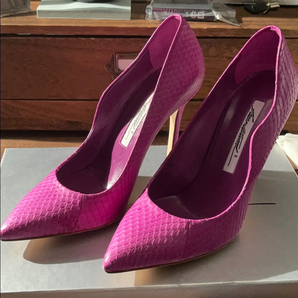 Brian Atwood bright purple snakeskin heels